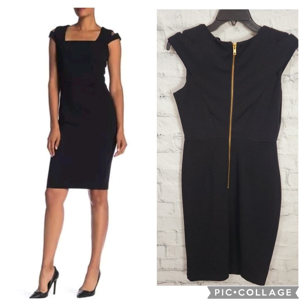 Neiman Marcus marina cold shoulder sheath dress Sz 4 black cap sleeve AcL
